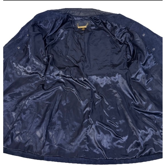 IMAN Trench Coat Women XL Navy Blue Genuine Leather Suede Mixed Media Belted - Picture 3 of 14